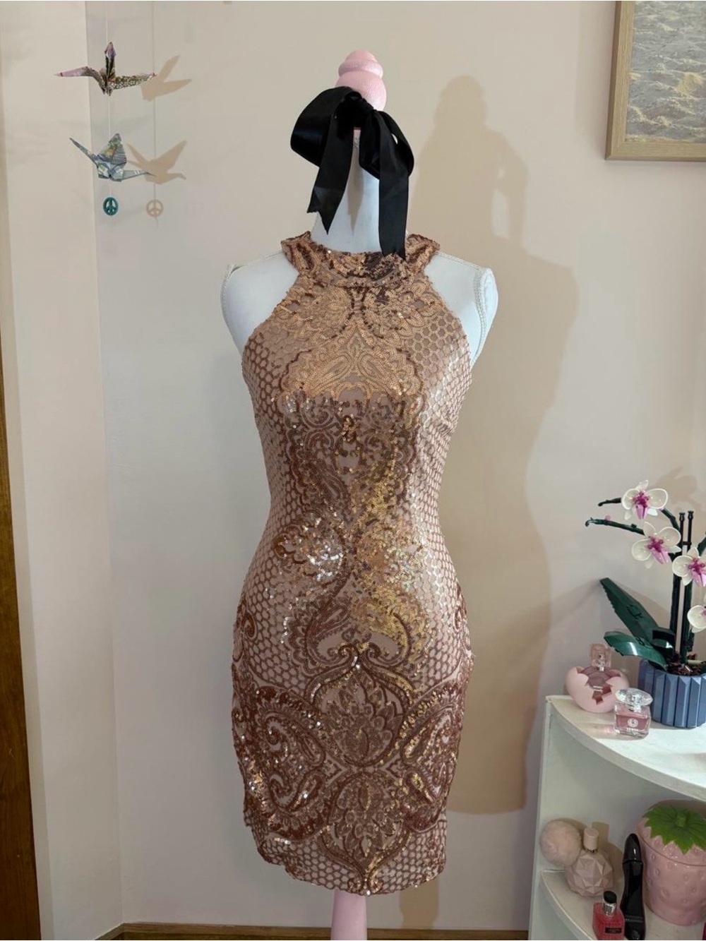 Windsor Rose Gold Sequin Halter Midi Dress